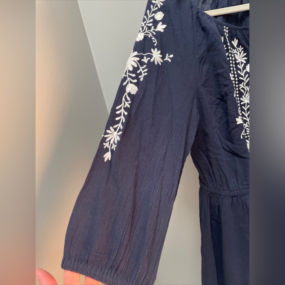 Talbots M Embroidered Gauze A-Line Dress 3/4 Sleeves Indigo/White Cotton Lined - Picture 8 of 8